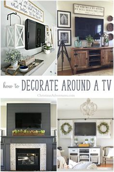 several different pictures with the words how to decorate around a tv in white and black