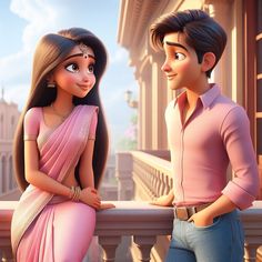 the princess and the frog are standing next to each other in front of a balcony