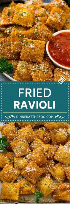 fried ravioli with sauce and parsley on the side, in a restaurant display