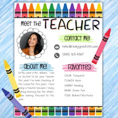 a teacher's flyer with crayons on it and the words meet the teacher