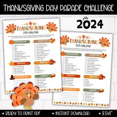 two thanksgiving printables with the words, thanksgiving day parade challenge and an image of a