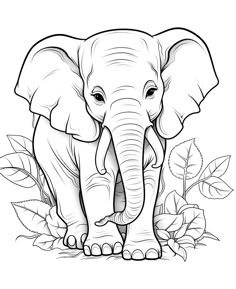 an elephant standing in the grass with leaves around it