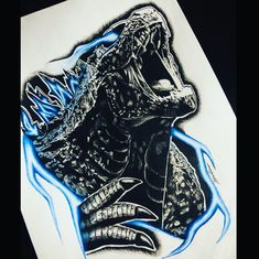 a drawing of a godzilla with blue flames