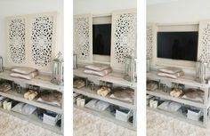 three pictures of the same room in different stages of being decorated with white furniture and decorative screens