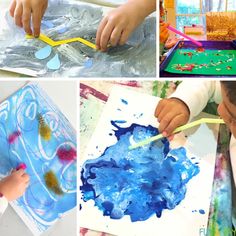 four different pictures with children's hands and paintings