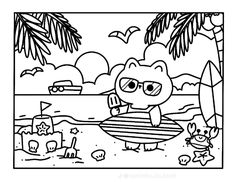 a cartoon bear on the beach holding a surfboard