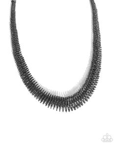 Spanning from glistening gunmetal cap fittings, whimsically woven pieces of gunmetal gradually increase in size, coalescing below the neckline for a trendy, trenchant display. Features an adjustable clasp closure. Sold as one individual necklace. Includes one pair of matching earrings. Black Jewelry Necklace, Wooden Bracelet, Wooden Necklace, Paparazzi Accessories, Anklet Bracelet, Seed Bead Necklace, Black Necklace, Seed Bead Bracelets, Wooden Earrings