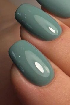 Plain Manicure Ideas, Pretty Nails Colors, Slate Green Nails, Eucalyptus Color Nails, Squoval Nails Winter, Gel Nail Solid Color, Simple Nails Solid Colors, March Dip Nails Ideas, Greenish Blue Nails