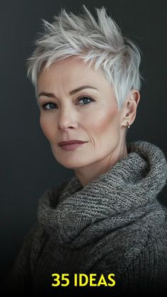 Embrace a new vibe with these 35 pixie hairstyles for older women, crafted to provide a manageable and stylish hairstyle that lasts. Pixie Gray Hairstyles, Pixie Hairstyles For Older Women, Short Platinum Blonde Hair, Short Spiky Haircuts, Gray Hair Pixie Cuts, Short Spiked Hair, Hairstyles For Older Women, Blonde Pixie Hair