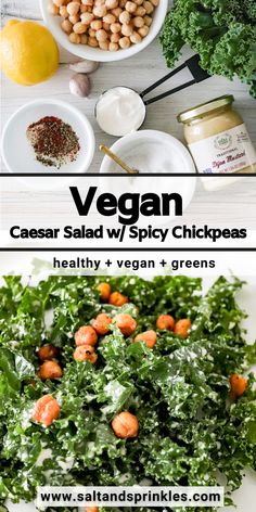 the ingredients to make vegan salad with spinach and chickpeas