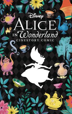 the cover to alice in wonderland, with flowers and teapots on black background