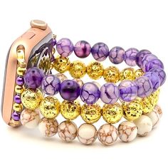 Custom, handmade, beaded watch band compatible with Apple Watch. Watch band made with Gold Lava Stone, Purple Dragon Veined Stone Agate, and White Gold Veined Howlite beads. Please use the drop-down to select your connector and wrist size. I can also make one custom to your wrist measurement if you include your wrist size in your order (example in last photo). I have many different colors/styles/materials of beads. If you are looking for a specific color please send me a message and I may have it! These are handmade items so they may vary in pattern placement. Due to differences in screen settings, colors may differ slightly between photos and the physical product. Please feel free to send me a message if you have questions regarding availability of patterns, quantities, or sizes. I often Adjustable Multicolor Apple Watch Band With Round Beads, White Beaded Apple Watch Band As Gift, White Beaded Apple Watch Band Gift, White Beaded Apple Watch Band For Gift, Adjustable Gold Apple Watch Band With Round Beads, Beaded Adjustable Watch Accessories For Gift, Adjustable Beaded Watch Bands For Gift, Adjustable Gold Beaded Watch Bands, Bohemian Adjustable Apple Watch Band With Round Beads