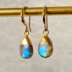 High quality labradorite briolette set in 18K gold plate earrings Plate Earrings, Briolette Earrings, Dangle Earrings Gold, Labradorite Earrings, Mothers Day Gifts, Labradorite Stone, Dainty Earrings, Gold Plated Earrings, Earrings Dangle