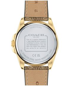 The epitome of refined sophistication, Greyson is a polished, go-everywhere timepiece. Finished with a tan COACH Signature canvas strap, the gold tone design features a sweeping second hand and a COACH Signature marker at 3 o'clock. Style #14504111.Movement - quartzCase - round, gold-tone stainless steel, 36mmStrap - brown leather strap with tongue buckleDial - gold-toneWater resistant up to 30 meters2 year limited warranty Coach Fashion, Coach Watch, Brown Leather Strap Watch, Brown Watches, Leather Strap Watch, Coach Men, Brown Leather Strap, Purple Leather, Gold Case