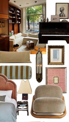 a collage of furniture and decor in a living room, bedroom, or office