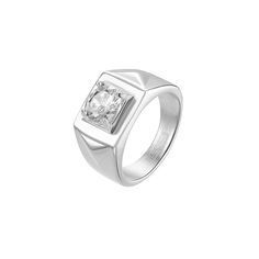 Men's Stainless Steel CZ Square Signet Ring  Give him the flashy fashion he craves with this handsome CZ signet ring. The durable, stainless steel ring features a glittering, 2-carat center stone for maximum style impact. Choice of finish.       Approx. 7/16"L x 1/2"W x 1/4"H     Made of stainless steel     Signet-style ring features single, prong-set round CZ   Stone Information       All sizes and weights approximate     Total Carat Weight: 2cts     White CZ - Round (8mm) Stainless Steel Ring, Men's Rings, Stainless Steel Rings, Steel Ring, 2 Carat, Cz Stone, Signet Ring, 4 H, Prong Setting