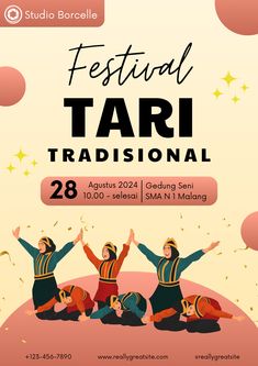 a poster for the festival tari, with three people in traditional costumes and confetti