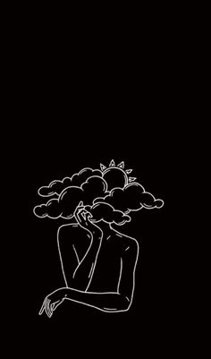 a black and white drawing of a woman with clouds above her head on a dark background