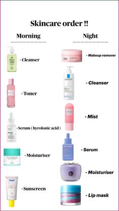 Perfect Night Skin Care Routine, Order Skin Care Routine, Skincare Morning And Night, Night Korean Skincare Routine, Skin Care Order Night, Skin Care Routine Before Bed, Skin Care Routine For Night, Skin Care Routine For School, Morning Routine Skincare Products