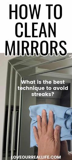 a person wiping their hands with a microfit towel in front of a mirror that says, how to clean mirrors what is the best technique to avoid