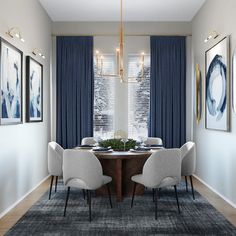 a dining room with blue drapes and white chairs