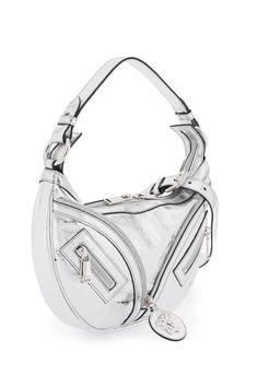 Get ready to turn heads with this stunning leather shoulder bag. Crafted from high-quality metallic leather, this bag features a stylish front zip and a striking Medusa charm for a touch of luxury. The two-way zipper closure and internal zippered pocket keep your essentials secure, while the removable handle and adjustable shoulder strap offer versatile carrying options. Complete with silver-tone metal hardware and a durable canvas lining, this shoulder bag is as practical as it is fashionable. Leather Shoulder Handbags, Leather Cap, Pumps Flat, Leather Hobo, Roberto Cavalli, Metallic Leather, Handbag Backpack, Hobo Bag, Shoulder Handbags