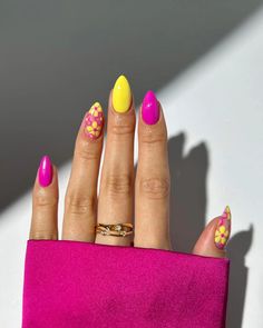 Pink With Yellow Nails, Summer Flower Nails 2024, Bright Pink And Yellow Nails, Bright Nails 2024, Pink And Yellow Summer Nails, Pink And Yellow Flower Nails, Pink And Yellow Nails Acrylic, Hot Pink And Yellow Nails, Bright Flower Nails