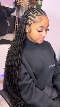 2 Cainrow Hairstyles, Fulani Twists With Curls, Big Fulani Braids With Curls, Cornrow Front Box Braid Back, Fulani Braids With Curls At The End, Cornrows In The Front Box Braids In Back, Braided Hairstyles With Weave, Big Fulani Braids, Fulani Braids Hairstyles With Curls