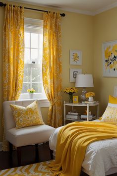 a bedroom with yellow and white decor on the walls