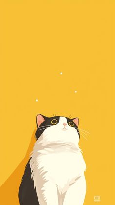 a black and white cat sitting on top of a yellow background