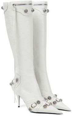 Balenciaga Boots, Trendy High Heels, White Balenciaga, Pointy Heels, Black Knee High Boots, Womens Stilettos, Black Knees, White Boots, Knee High Leather Boots