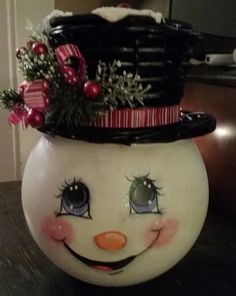 a close up of a snowman pot on a table