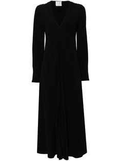 black crepe texture seam detailing plunging V-neck long sleeves straight hem unlined pull-on style Satin Long Sleeve Dress, Long Sleeves Dress, Satin Long Sleeve, Sleeves Dress, Dress Crafts, Black Long Sleeve Dress, Women Long Dresses, Printed Midi Dress, Crepe Fabric