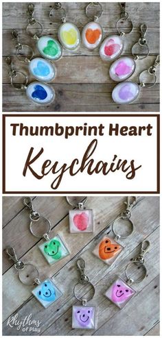 there is a keychain that has different colors on it and the words, thumpprint heart keychains