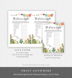 two printable wedding game cards with cactus theme and the price is right on them