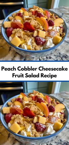 peach cobbler cheesecake fruit salad recipe in a blue bowl on a kitchen counter