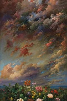 a painting of clouds and flowers in the sky