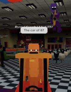 an animated image of a car in the middle of a room filled with tables and chairs