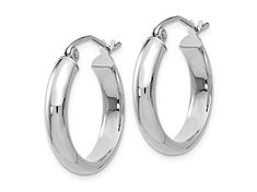 Rhodium over 14K white gold hoop earrings. Measure approximately 13/16"L x 1/8"W and have saddleback backings. Classic Small Hoop Sterling Silver Jewelry, Classic White Gold Tarnish Resistant Hoop Earrings, Classic Tarnish Resistant White Gold Hoop Earrings, Classic White Gold Tarnish-resistant Hoop Earrings, Classic Sterling Silver Hoop Earrings For Pierced Ears, Classic Nickel-free Huggie Earrings For Anniversary, Sterling Silver Rounded Jewelry With Polished Finish, Classic Small Hoop Sterling Silver Earrings, Nickel-free Classic Hoop Earrings For Formal Occasions