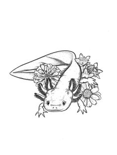 a black and white drawing of a bat with flowers