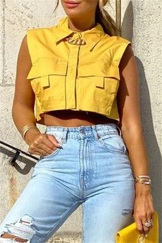 Cardigan Short, Turndown Collar, Collar Top, Yellow Fashion, Fashion Pattern, Fashion Casual, New Fashion, Sleeve Styles, Mom Jeans