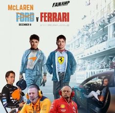 the movie poster for ferrari featuring two men in front of a race car and one man with headphones on