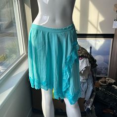 Nwot Intimately Free People Blue Asymmetrical Skirt With Lace, Size Small, Elastic Waist Light Blue Lace Trim Bottoms For Summer, Blue Bottoms With Lace Trim For Daywear, Light Blue Bottoms With Lace Trim For Summer, Asymmetrical Skirt With Lace Trim For Summer, Spring Blue Skirt With Lace Trim, Blue Bottoms With Lace Trim For Spring, Blue Lace Trim Bottoms For Beach, Blue Lace Trim Beach Bottoms, Turquoise Lined Skirt Bottoms For Spring