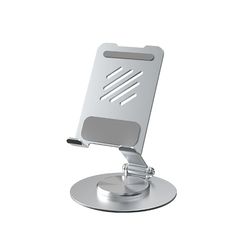 a silver metal stand with a laptop on it's top and one arm extended