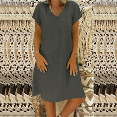 This Kiplyki casual dress fabric is very soft, stretchy and lightweight, super comfortable against to your skin.  Features: casual style, short rolled sleeve, soft and stretchy, Loose dress, comfortable to wear.This casual dress is above the knees and long enough that you wouldn't need to wear leggings with it if you don't want to.It is easy to put on or put off.  US SIZE: Small (US 4-6), Medium (US 8-10), Large (US 12-14), X-Large (US 16-18), XX-Large(US 20-22).This women's casual loose dress is available in a variety of solid colors and print colors to suit your personal style.  Occasion: This Kiplyki plain casual T shirt Dress is glad for daily, beach, going out, party, work, casual wear.It's an easy answer the typical 'what should I wear today' dilemma. It is so casual that you might b Linen Dress Women, Cotton Linen Dresses, Midi Short Sleeve Dress, Loose Outfit, Loose Dress, Types Of Skirts, Linen Dress, Summer Dresses For Women, Sleeve Cotton