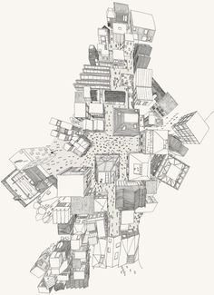 a black and white drawing of a city map with lots of buildings on it's sides