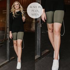 Model is wearing a pair of olive green long biker shorts. Model has them paired with a black long sleeve top, white sneakers, and gold jewelry. Bicycle Shorts, Giddy Up Glamour, At The Gym, Biker Shorts, Waist Band, The Gym, Olive Green, The House, All In One