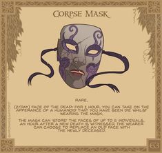 an image of a mask with the words corpse mask on it's face and description below