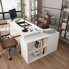 an office with a desk, chair and computer on top of it in front of a window