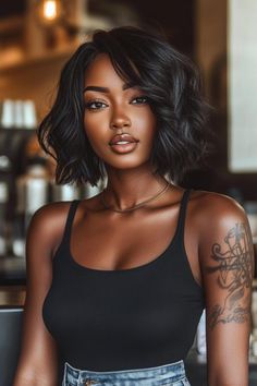 angled bob, captivating hairstyles, headturning looks Dark Hair Bob, Uneven Bob Haircut, Dark Hair Bobs, Black Long Bob, Black Bob Hairstyles, Short Bob Cuts, Angled Bob Hairstyles, Wavy Bob Haircuts, Shoulder Length Bob